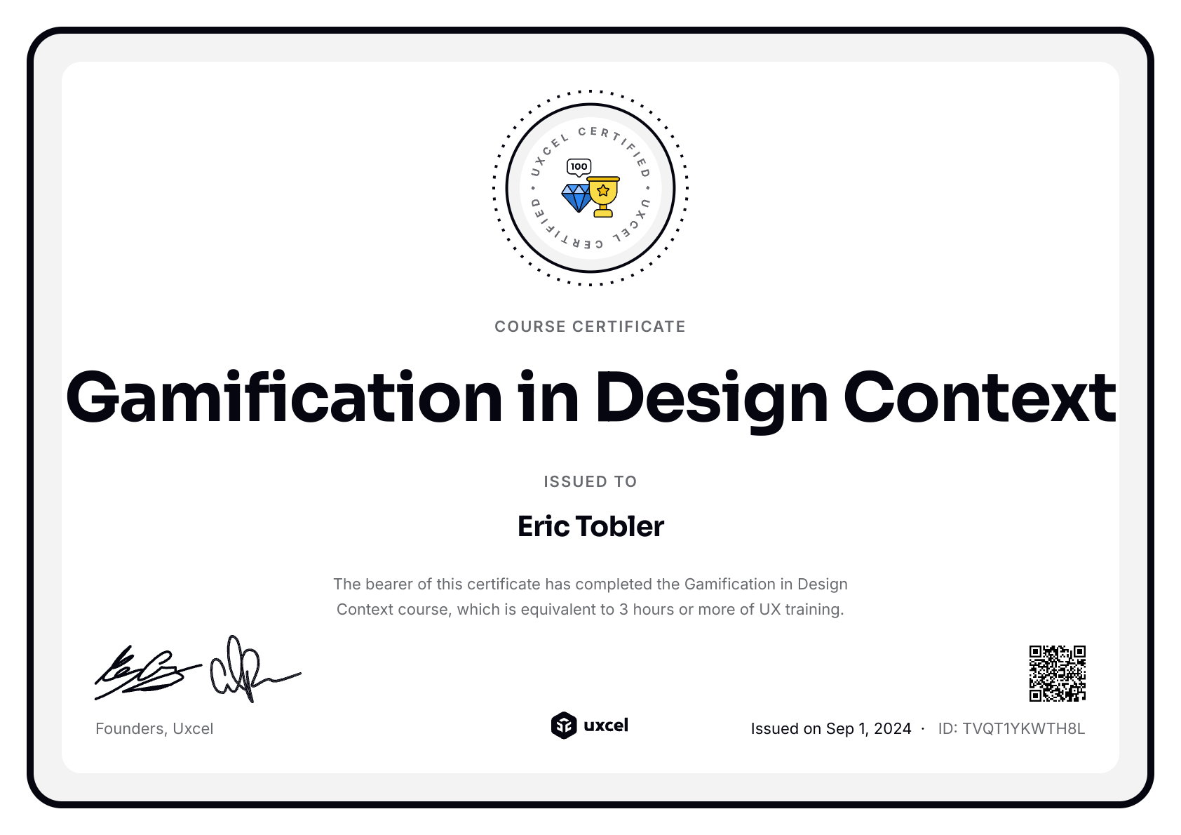 Eric Tobler's certificate